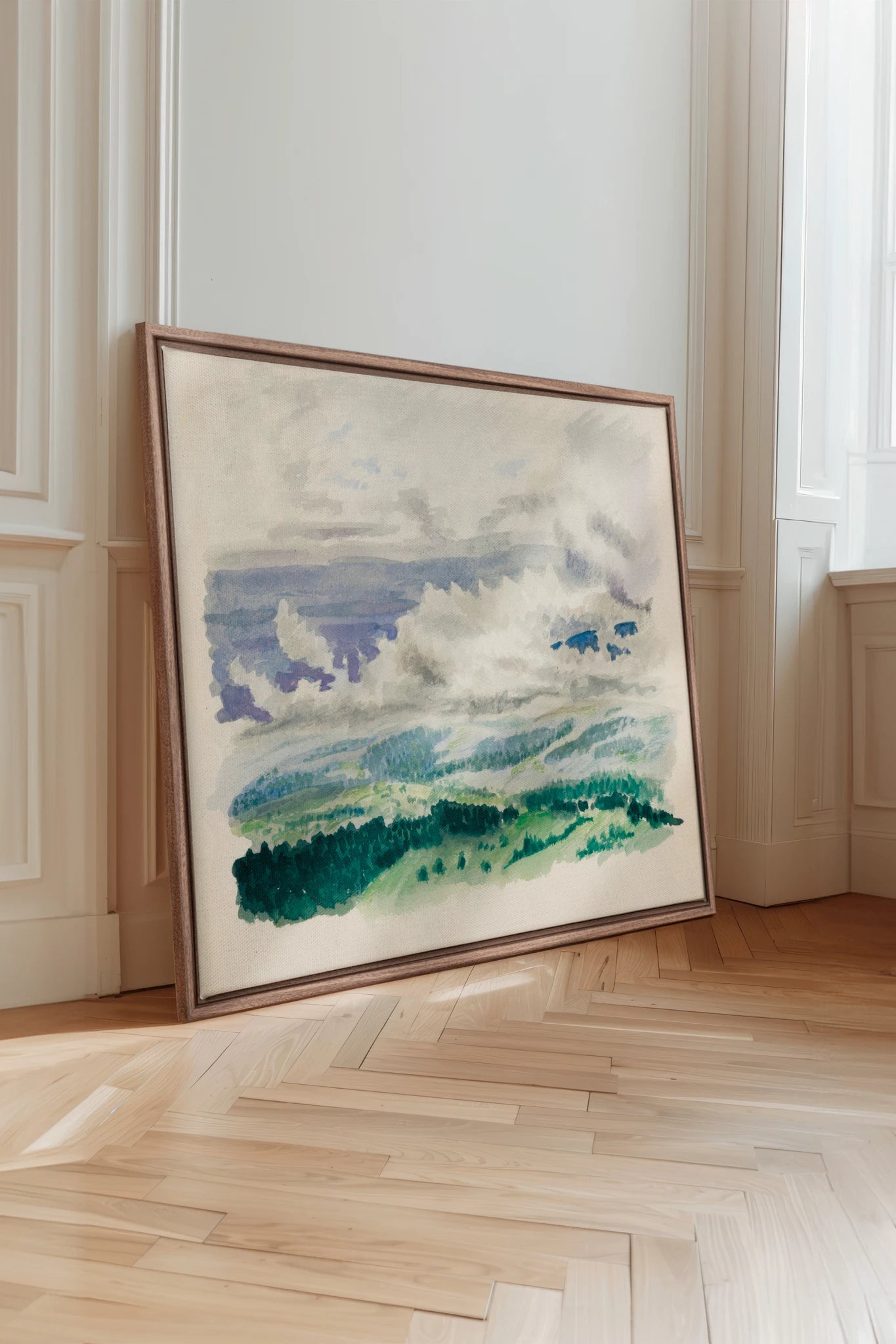 HILLS IN HUSH, Work on stretched canvas, framed Oak Brown