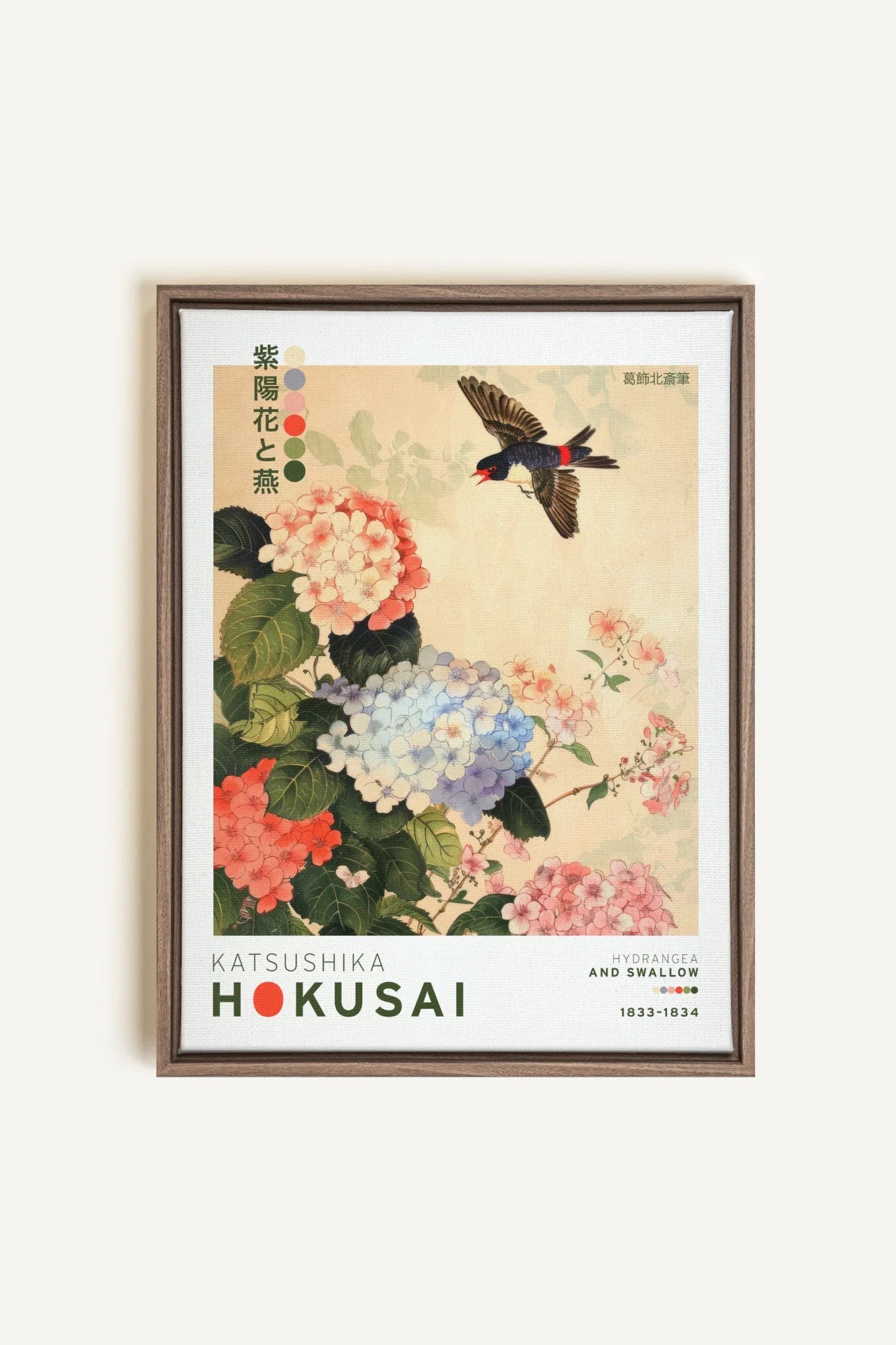 OLEKA CANVAS - HYDRANGEA AND SWALLOW, Oeuvre sur toile étirée, encadré Brun Chêne