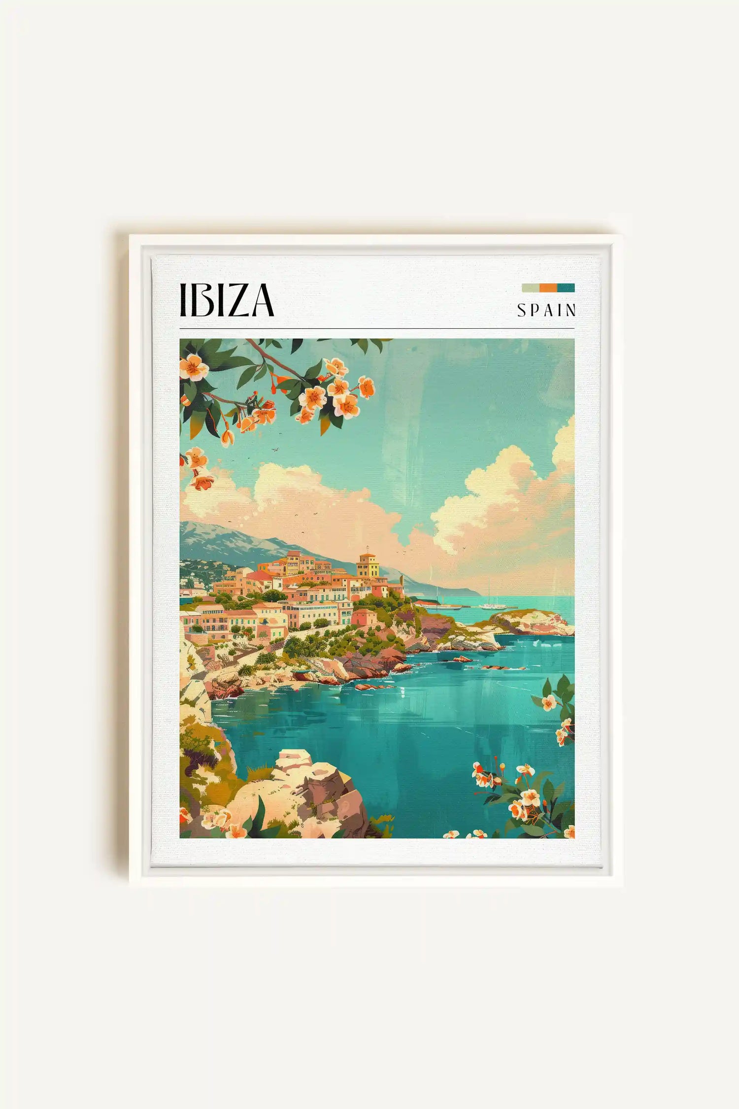 Ibiza, Artwork on stretched canvas, framed in white