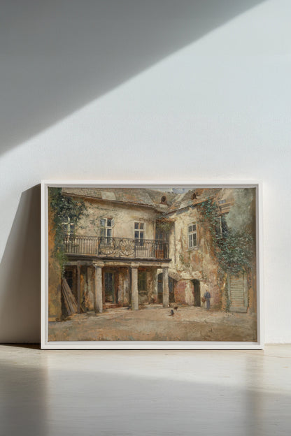 LA COUR PAISIBLE, Oeuvre sur toile étirée, encadré Blanc