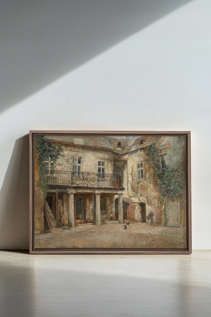 LA COUR PAISIBLE, Work on stretched canvas, framed Oak Brown