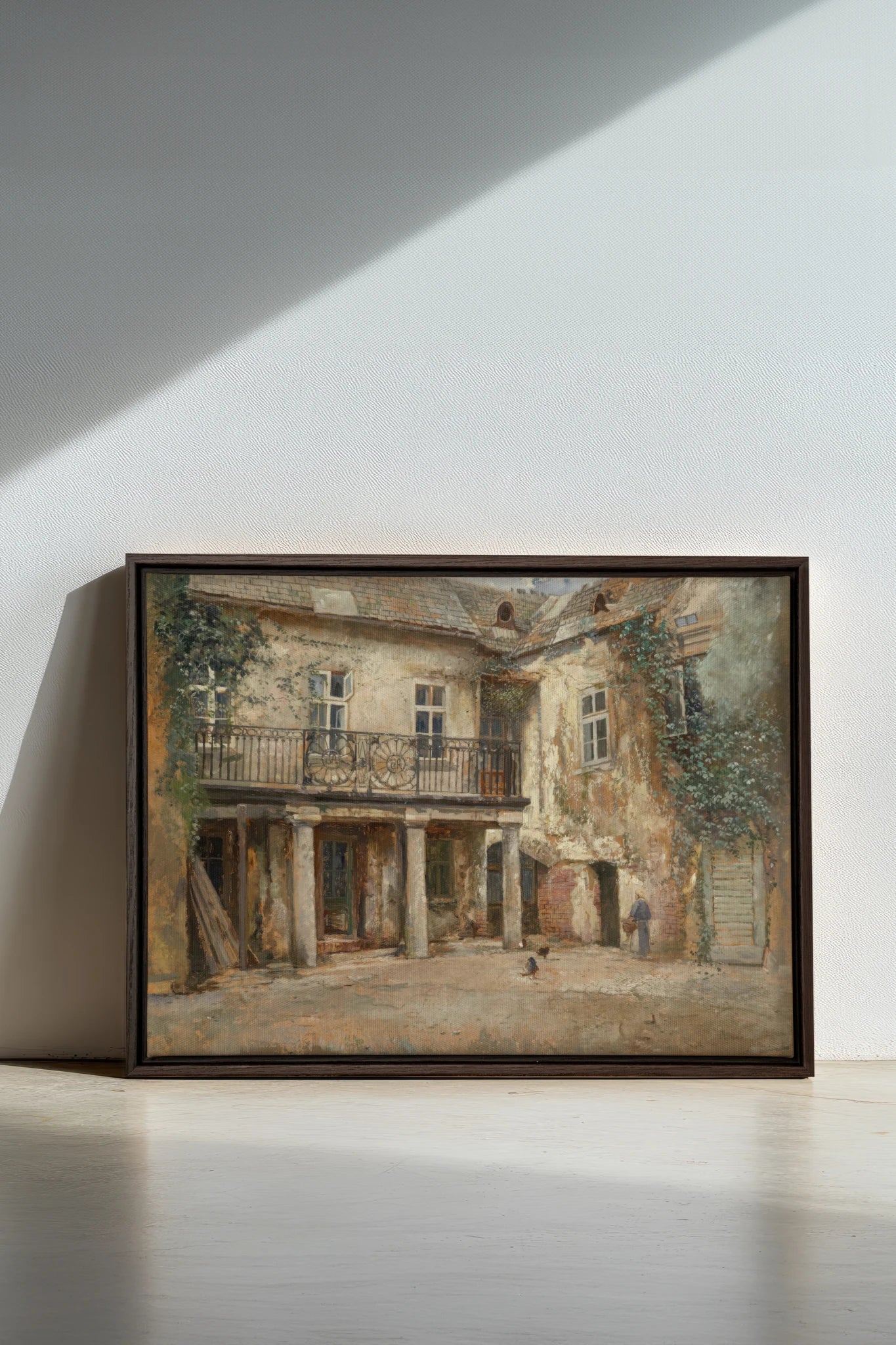 LA COUR PAISIBLE, Work on stretched canvas, framed Walnut Brown