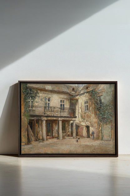 LA COUR PAISIBLE, Work on stretched canvas, framed Walnut Brown