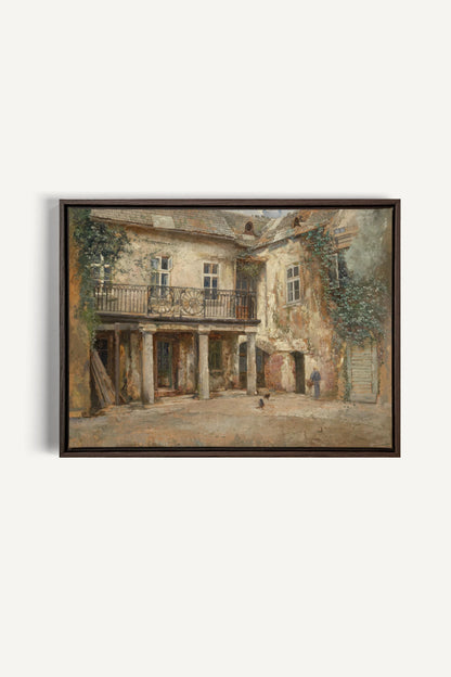 LA COUR PAISIBLE, Work on stretched canvas, framed Walnut Brown