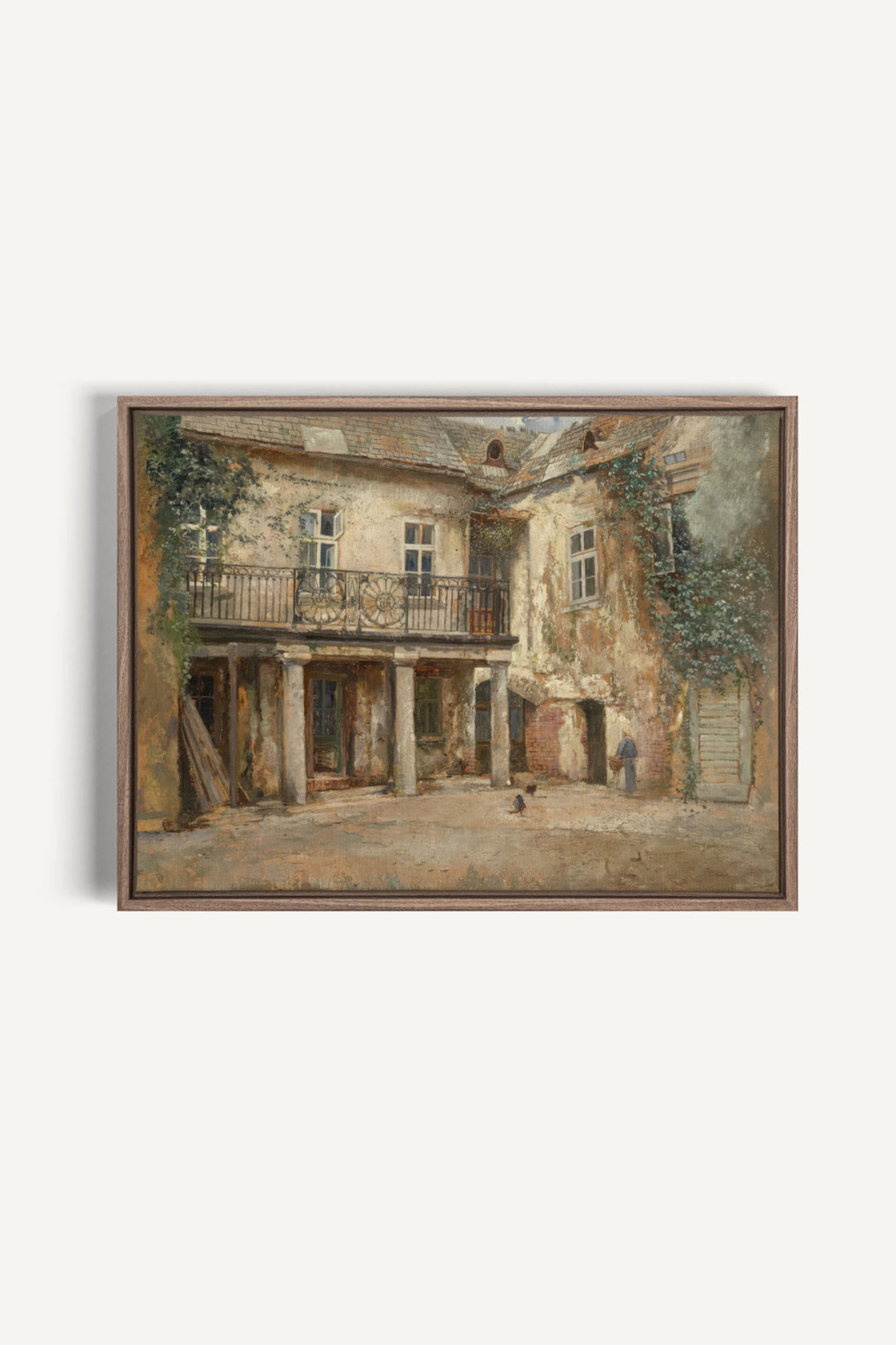 LA COUR PAISIBLE, Oeuvre sur toile étirée, encadré Brun Chêne