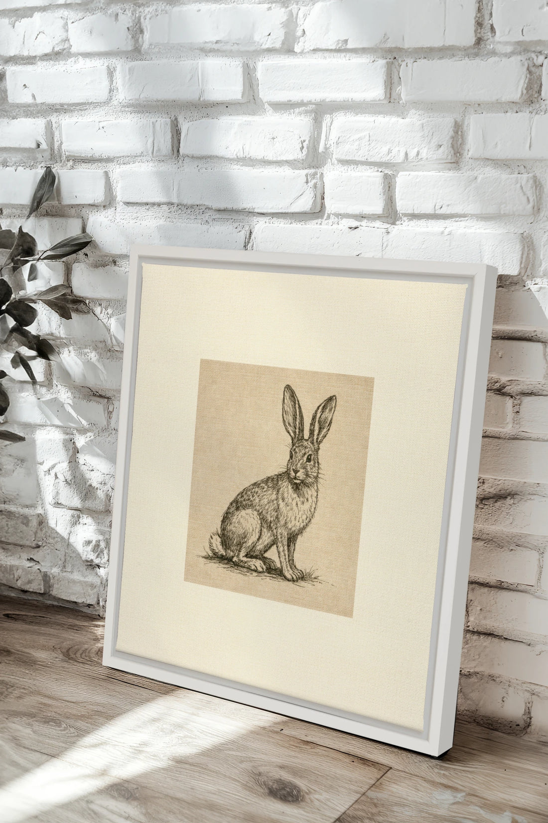 LAPIN DE LIN, Oeuvre sur toile étirée, encadré Blanc