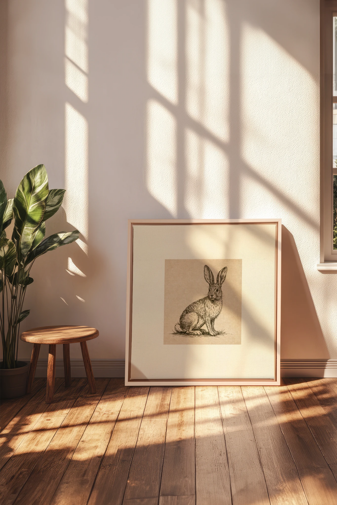 LAPIN DE LIN, Oeuvre sur toile étirée, encadré Naturel Clair