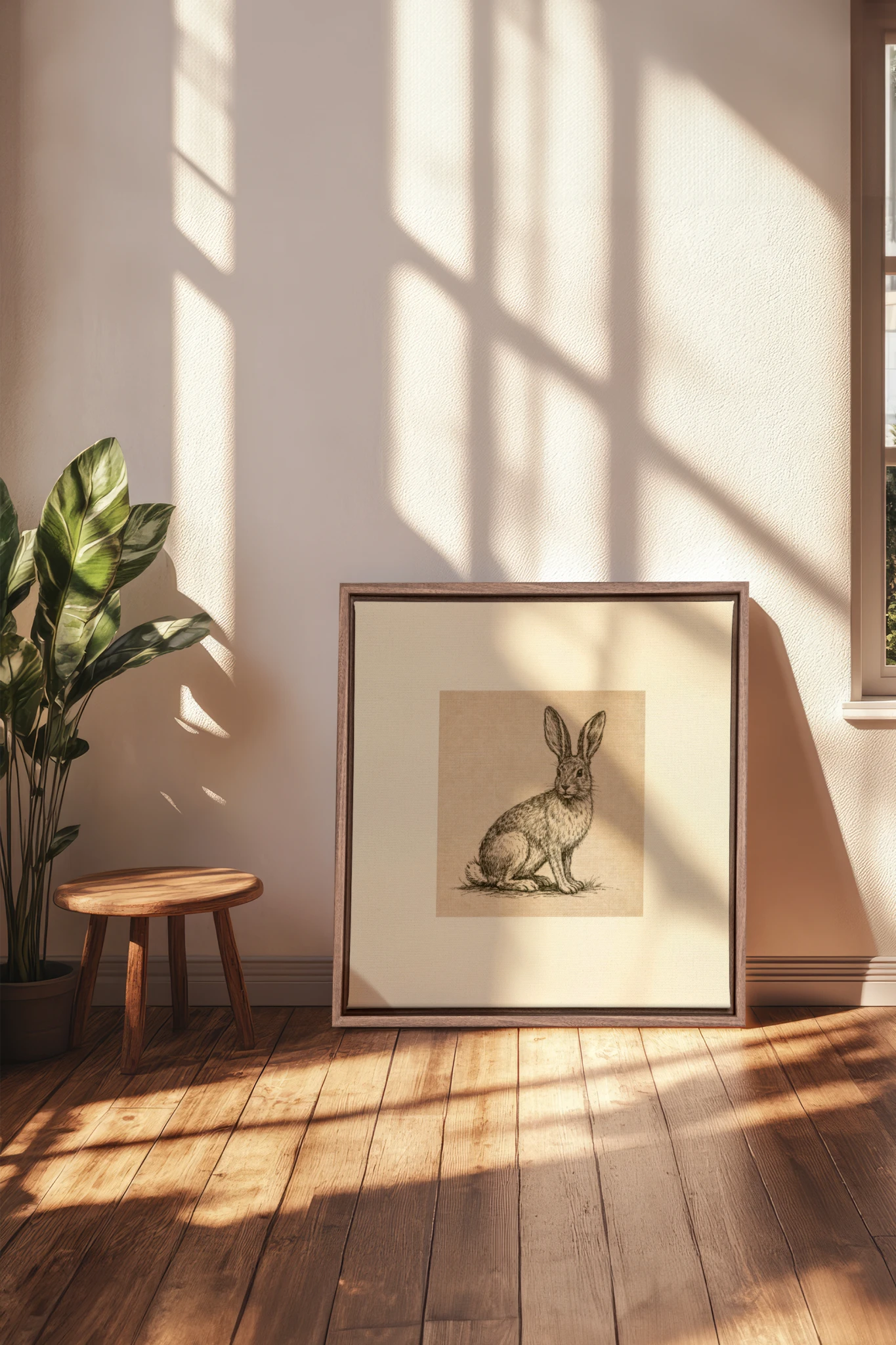 LAPIN DE LIN, Work on stretched canvas, framed Oak Brown