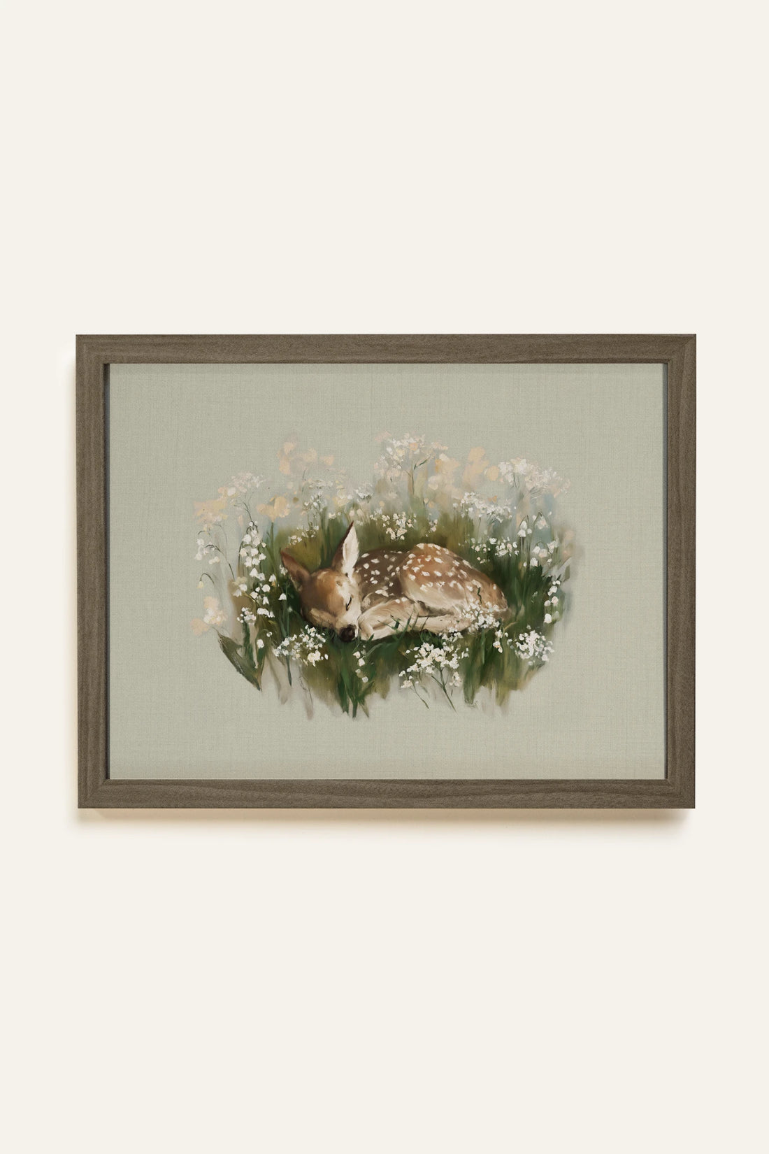 LE REPOS DU FAON, Oeuvre sur toile rigide, encadré brun chêne