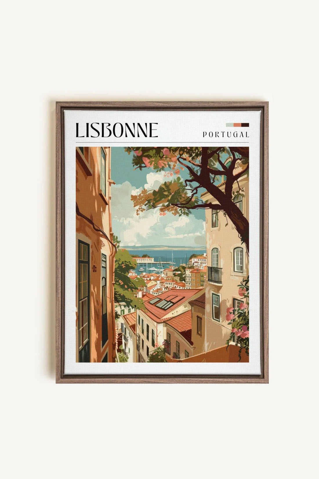 OLEKA CANVAS - Lisbonne, Oeuvre sur toile étirée, encadré Brun Chêne