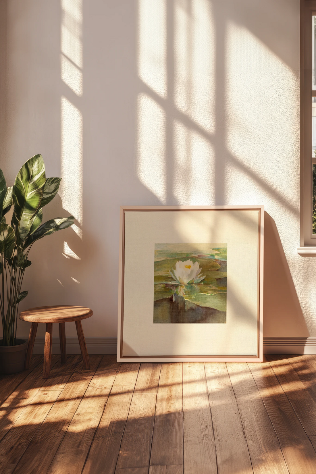 LOTUS DE LIN, Oeuvre sur toile étirée, encadré Naturel Clair