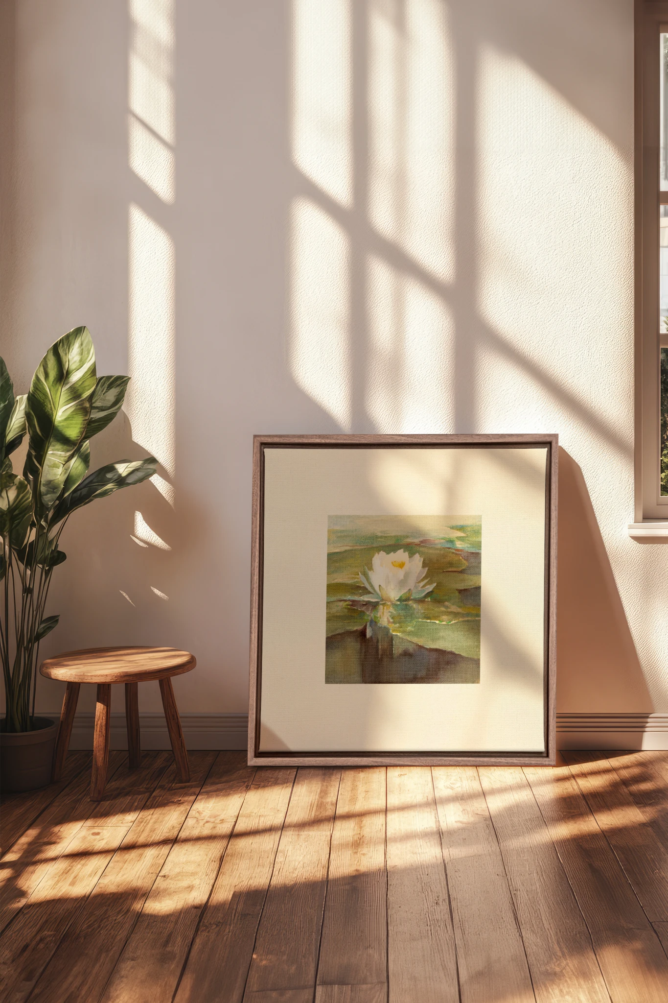 LOTUS DE LIN, Oeuvre sur toile étirée, encadré Brun Chêne