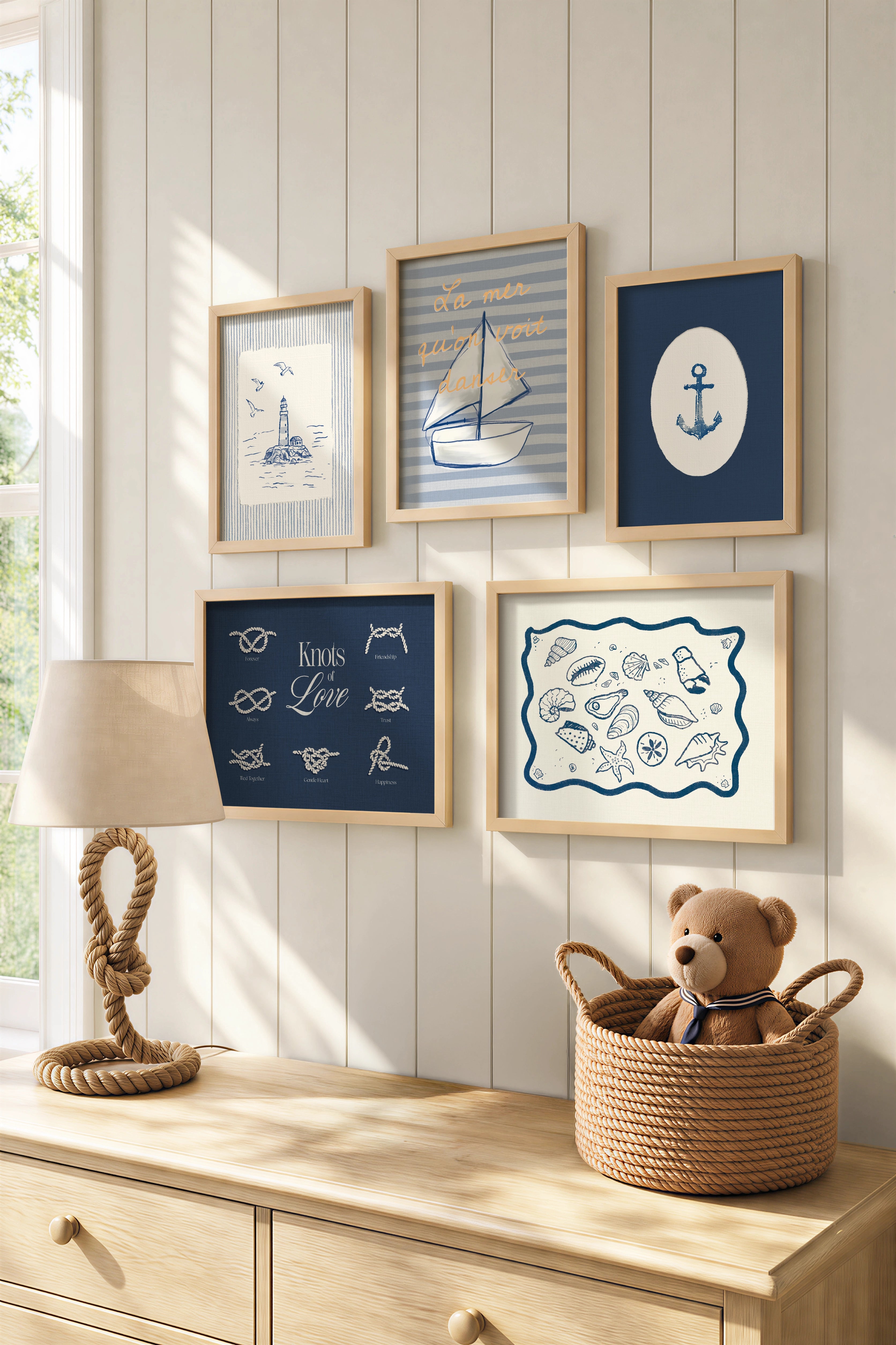 La Marinière, Set of 5 Artworks on Rigid Canvas, Framed in Natural Wood