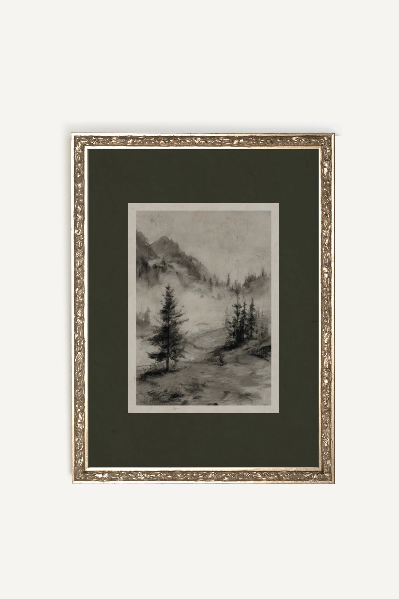 MISTY HEIGHTS, Artwork on rigid canvas, framed Vintage Silver