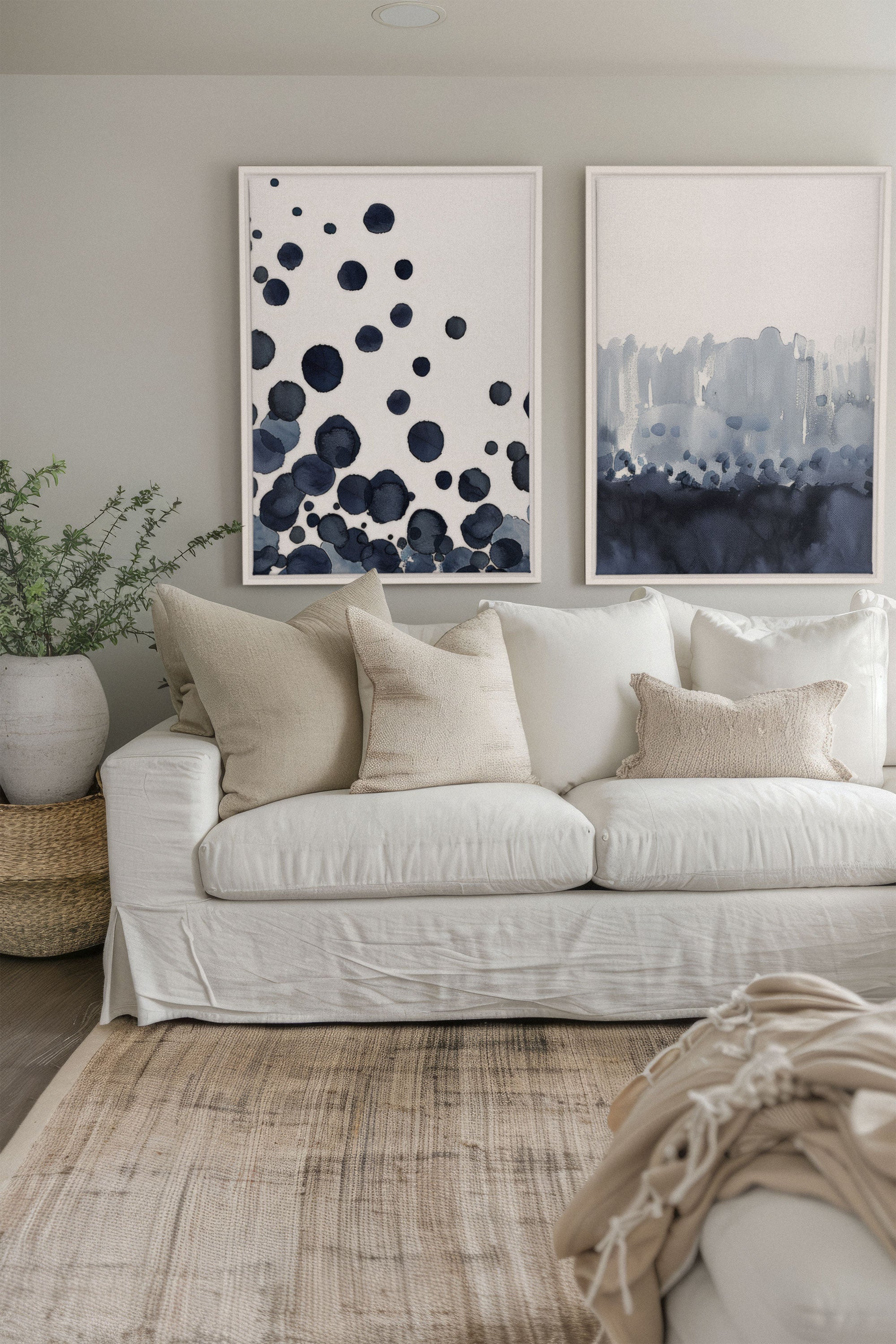 OLEKA CANVAS - OCEAN MIST DUO, 2 Oeuvres sur toile étirée, encadré Blanc