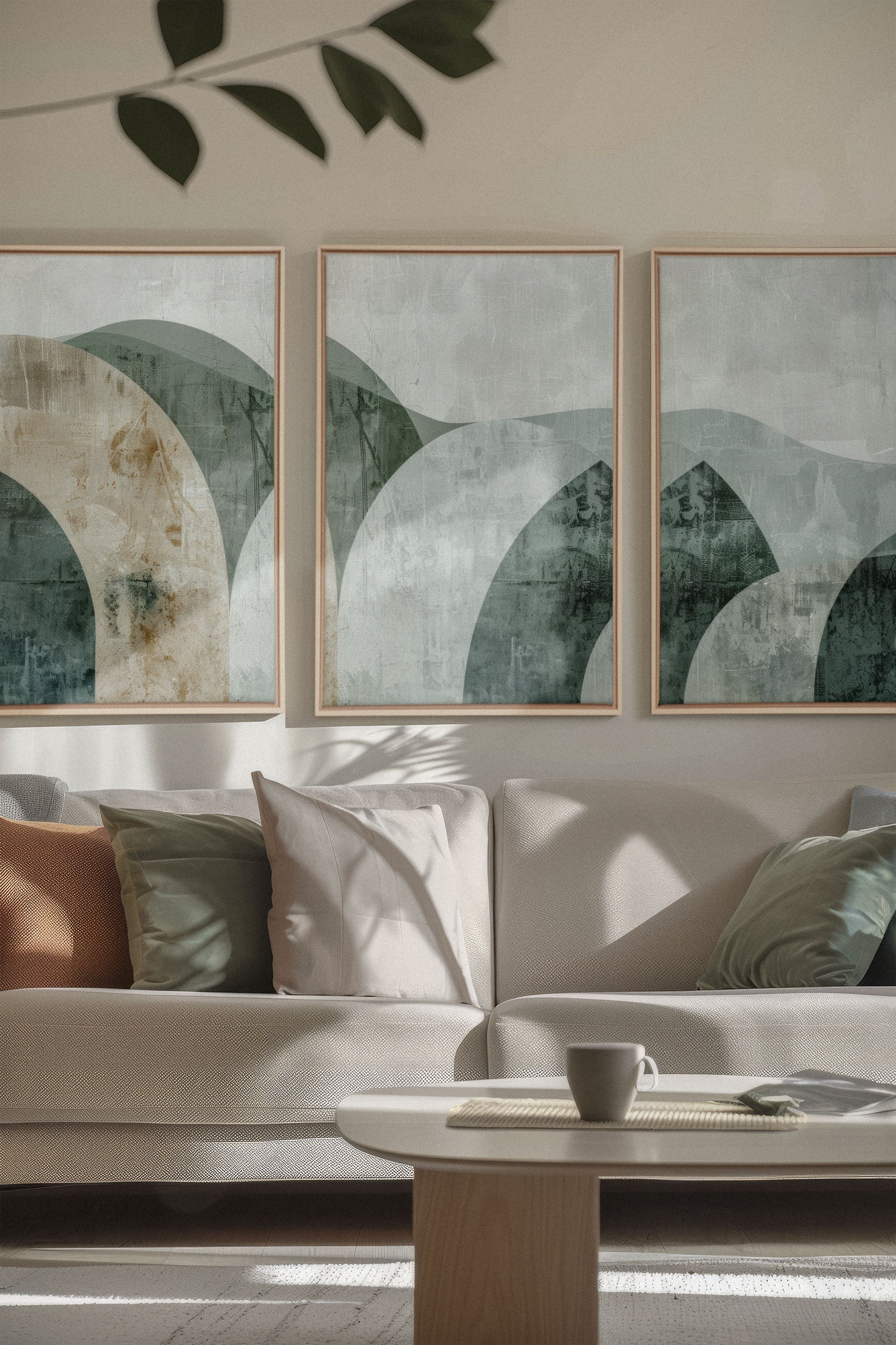 OLEKA CANVAS - GREEN ELEGANCE TRIO, 3 Oeuvres sur toile étirée, encadré Naturel Clair