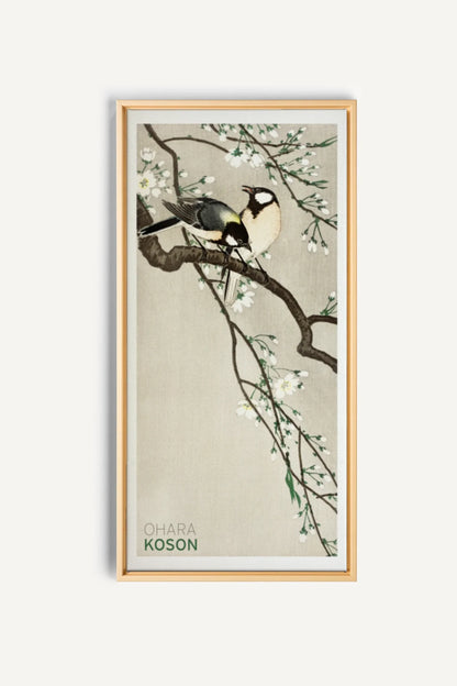 OLEKA CANVAS - PARIDÉS SUR BRANCHE DE CERISIERS, Oeuvre sur toile étirée, encadré Naturel Clair