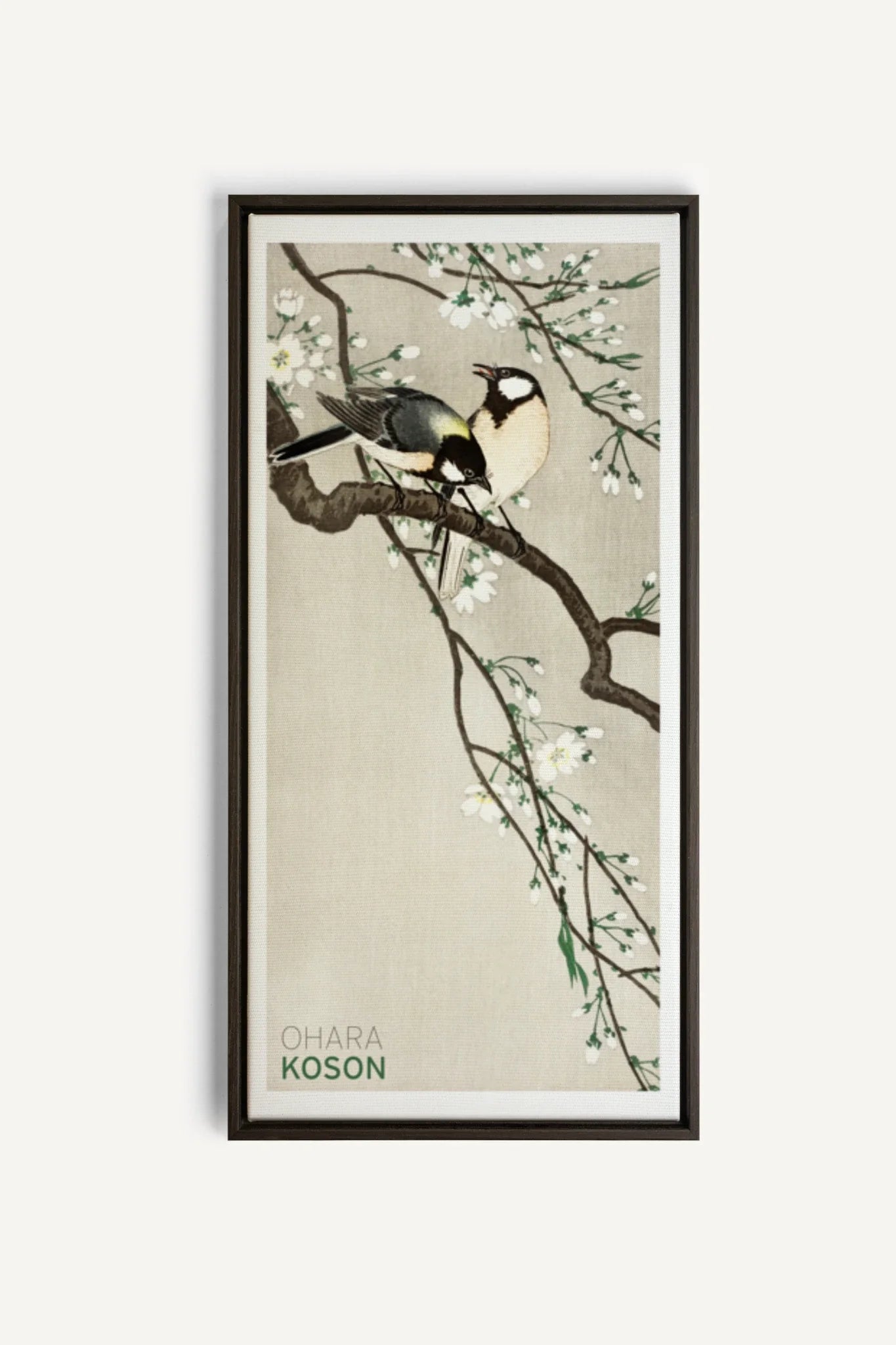 OLEKA CANVAS - PARIDÉS SUR BRANCHE DE CERISIERS, Oeuvre sur toile étirée, encadré Brun Noyer