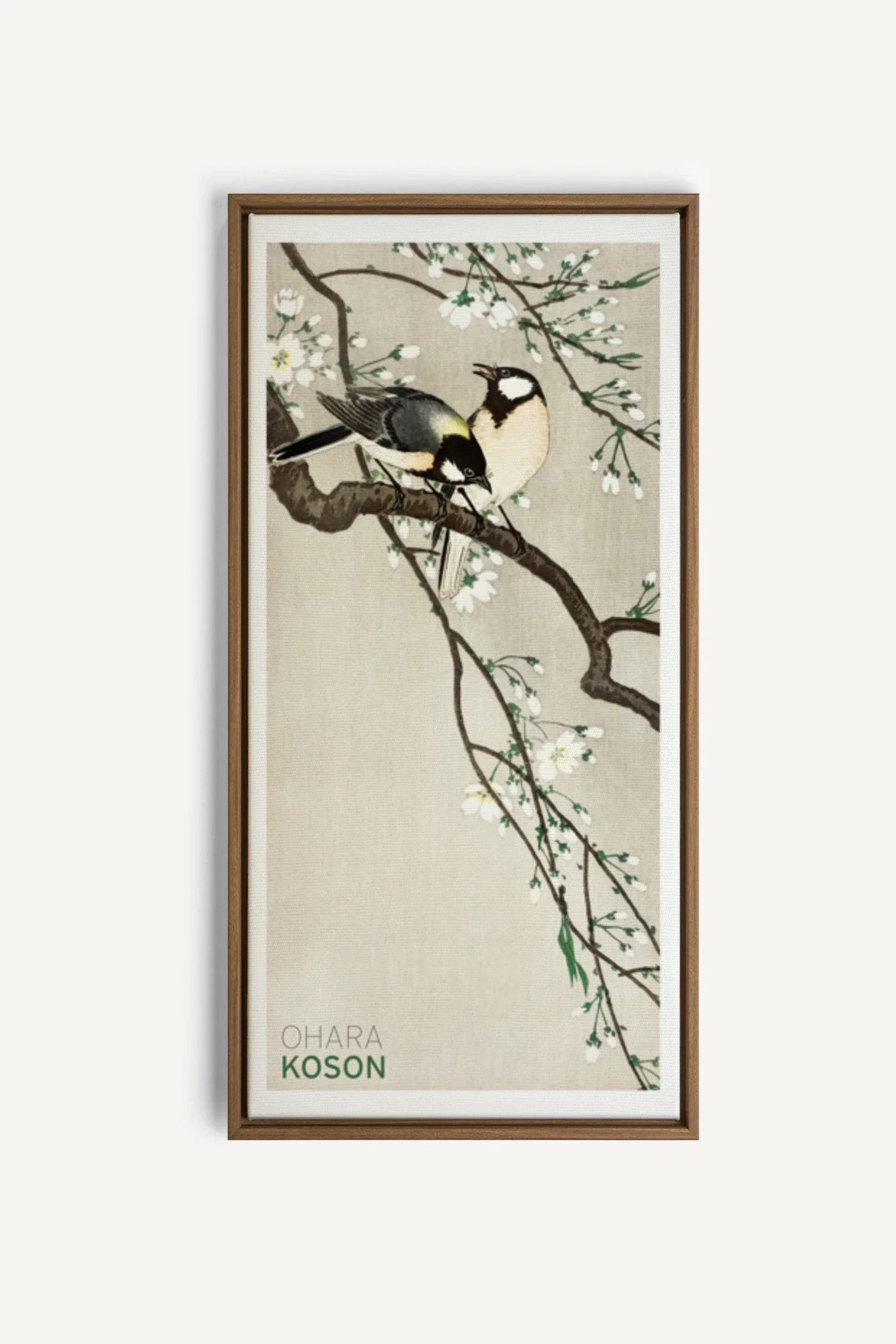 OLEKA CANVAS - PARIDÉS SUR BRANCHE DE CERISIERS, Oeuvre sur toile étirée, encadré Brun Chêne