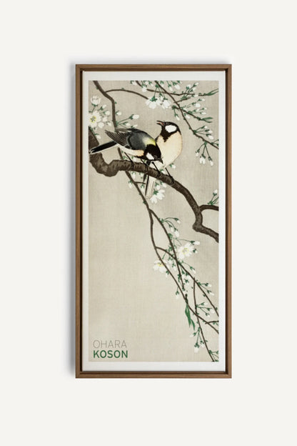 OLEKA CANVAS - PARIDÉS SUR BRANCHE DE CERISIERS, Oeuvre sur toile étirée, encadré Brun Chêne