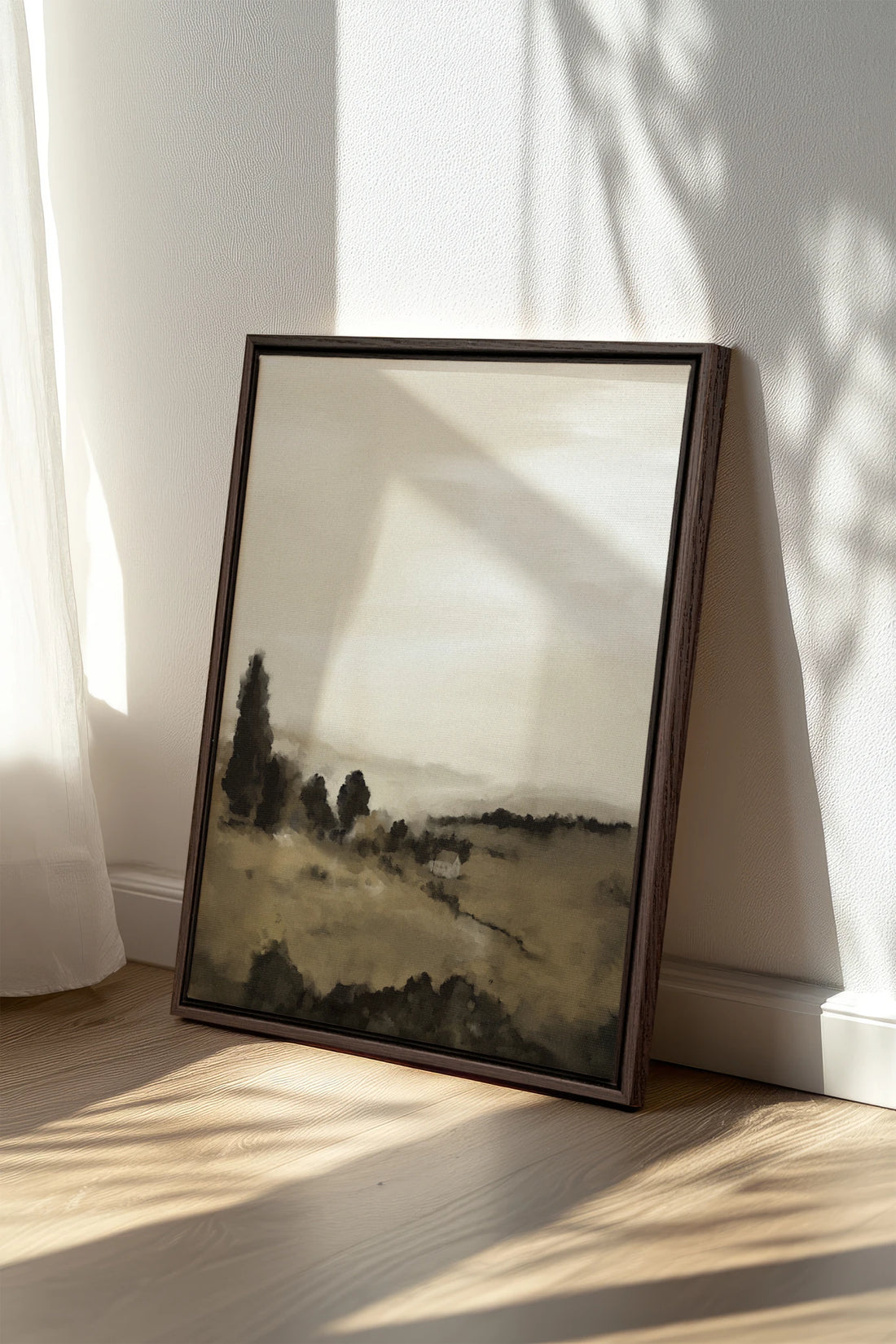 PRAIRIE DE BRUME, Oeuvre sur toile étirée, encadré Brun Noyer