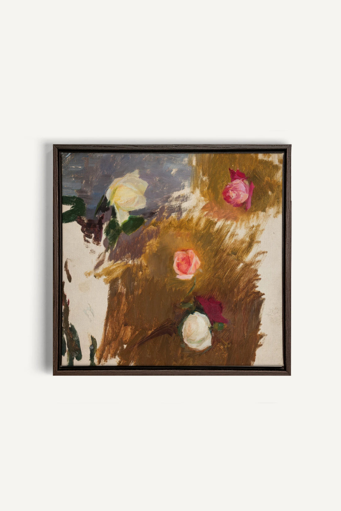 RAW FLORALS, Painting on stretched canvas, framed in walnut brown