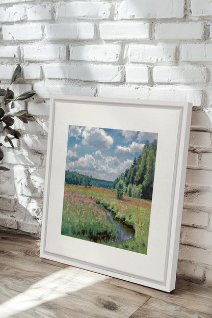 RUISSEAU FLEURI, Oeuvre sur toile étirée, encadré Blanc