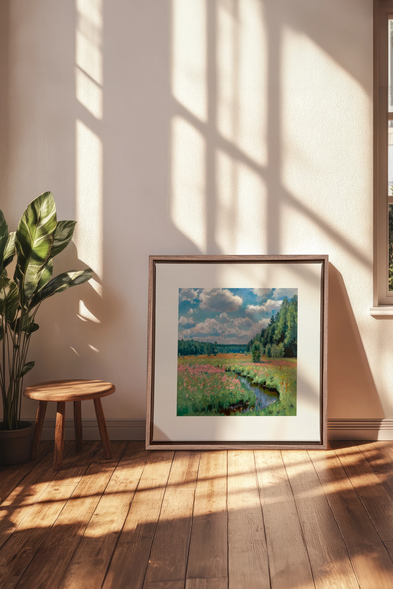 RUISSEAU FLEURI, Oeuvre sur toile étirée, encadré Brun Chêne
