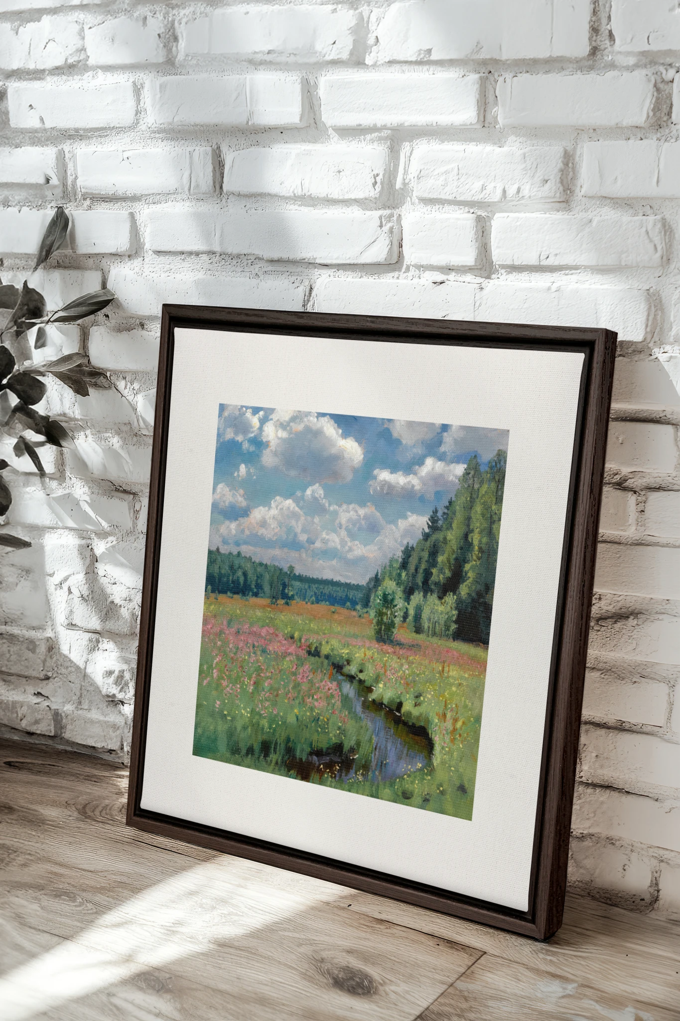 RUISSEAU FLEURI, Oeuvre sur toile étirée, encadré Brun Noyer