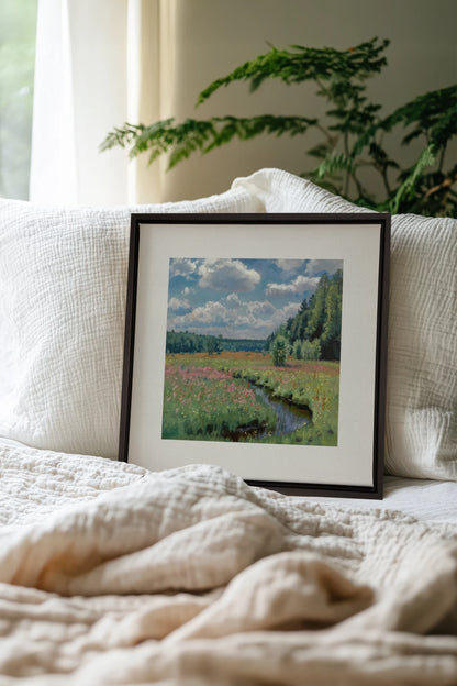 RUISSEAU FLEURI, Oeuvre sur toile étirée, encadré Noir