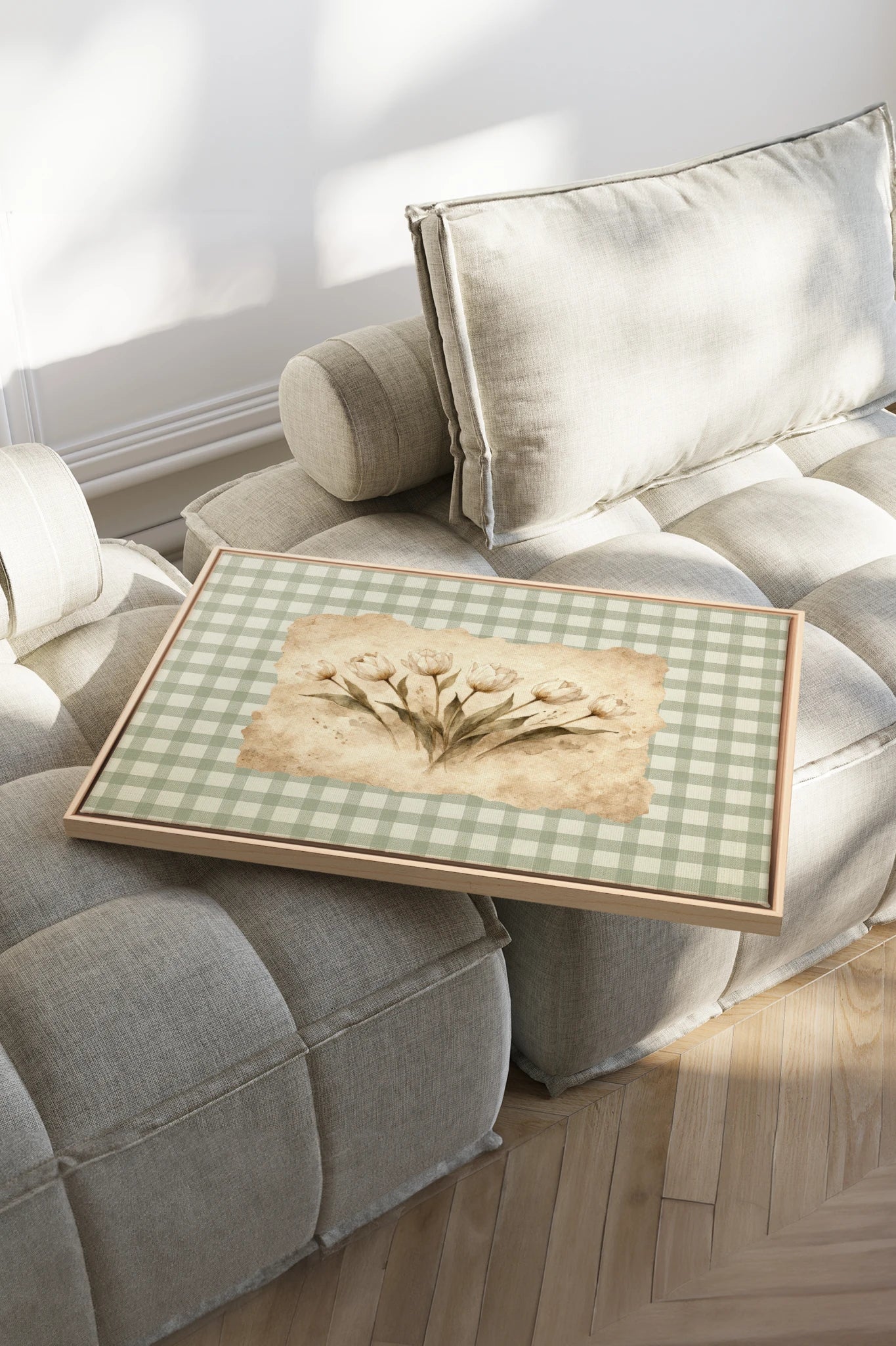 SAGE GINGHAM, Oeuvre sur toile étirée, encadré Naturel Clair