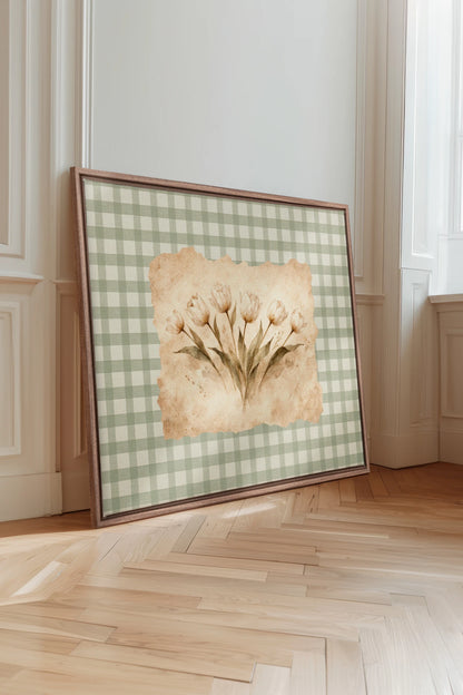 SAGE GINGHAM, Oeuvre sur toile étirée, encadré Brun Chêne