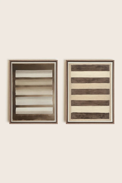 OLEKA CANVAS - SANDY LINES DUO, 2 Oeuvres sur toile étirée, encadré Brun Chêne