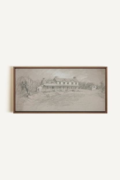 SHADOWED HOUSE, Artwork on stretched canvas, framed in Brown Oak