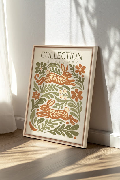 SPRING RABBITS, Oeuvre sur toile étirée, encadré Naturel Clair