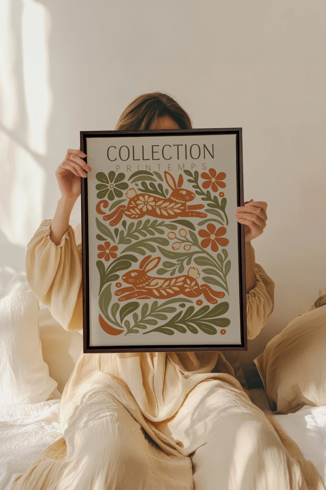 SPRING RABBITS, Oeuvre sur toile étirée, encadré Brun Noyer