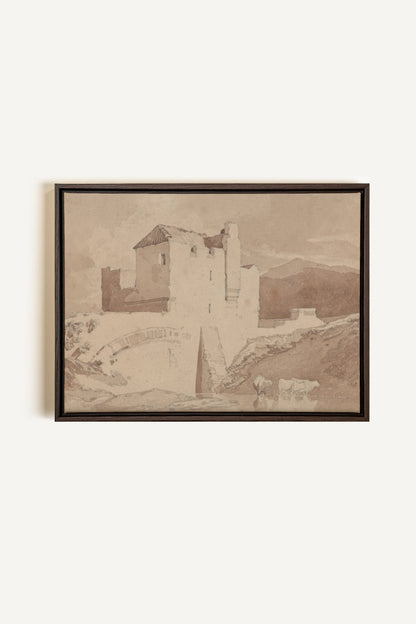 STONE AND STREAM, Artwork on stretched canvas, framed in Walnut Brown