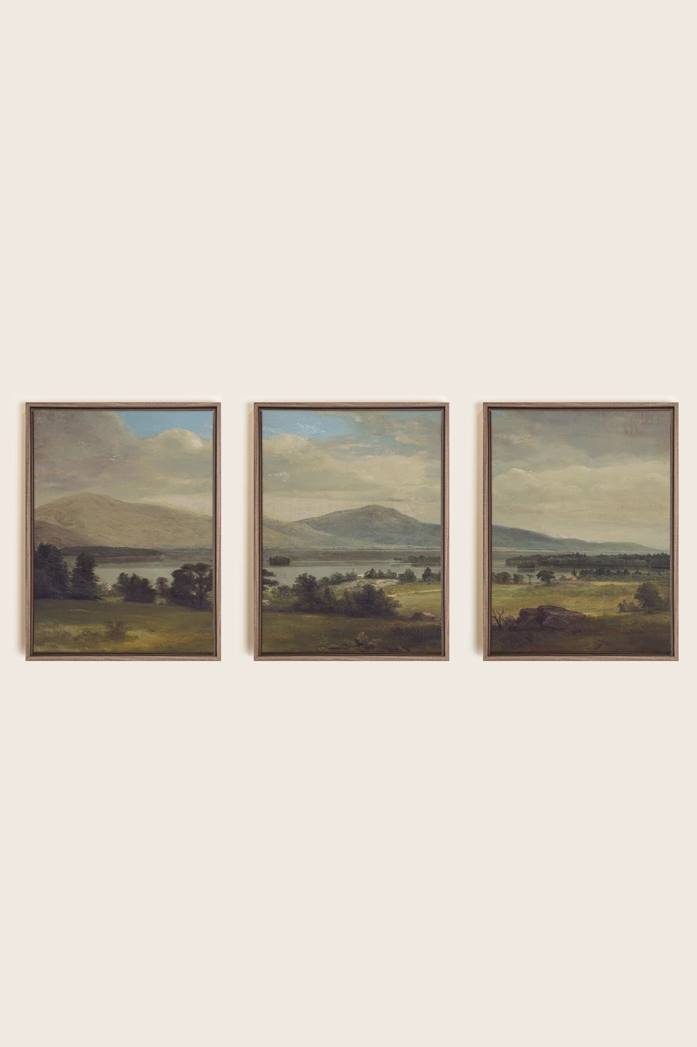TRIO DES SAISONS DOUCES, 3 Works on stretched canvas, framed in Brown Oak
