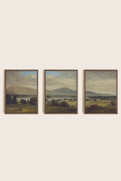 TRIO DES SAISONS DOUCES, 3 Works on stretched canvas, framed in Brown Oak