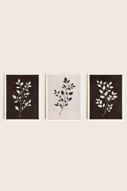 OLEKA CANVAS - TRIO FEUILLAGE BRUN, 3 Oeuvres sur toile étirée, encadré Blanc