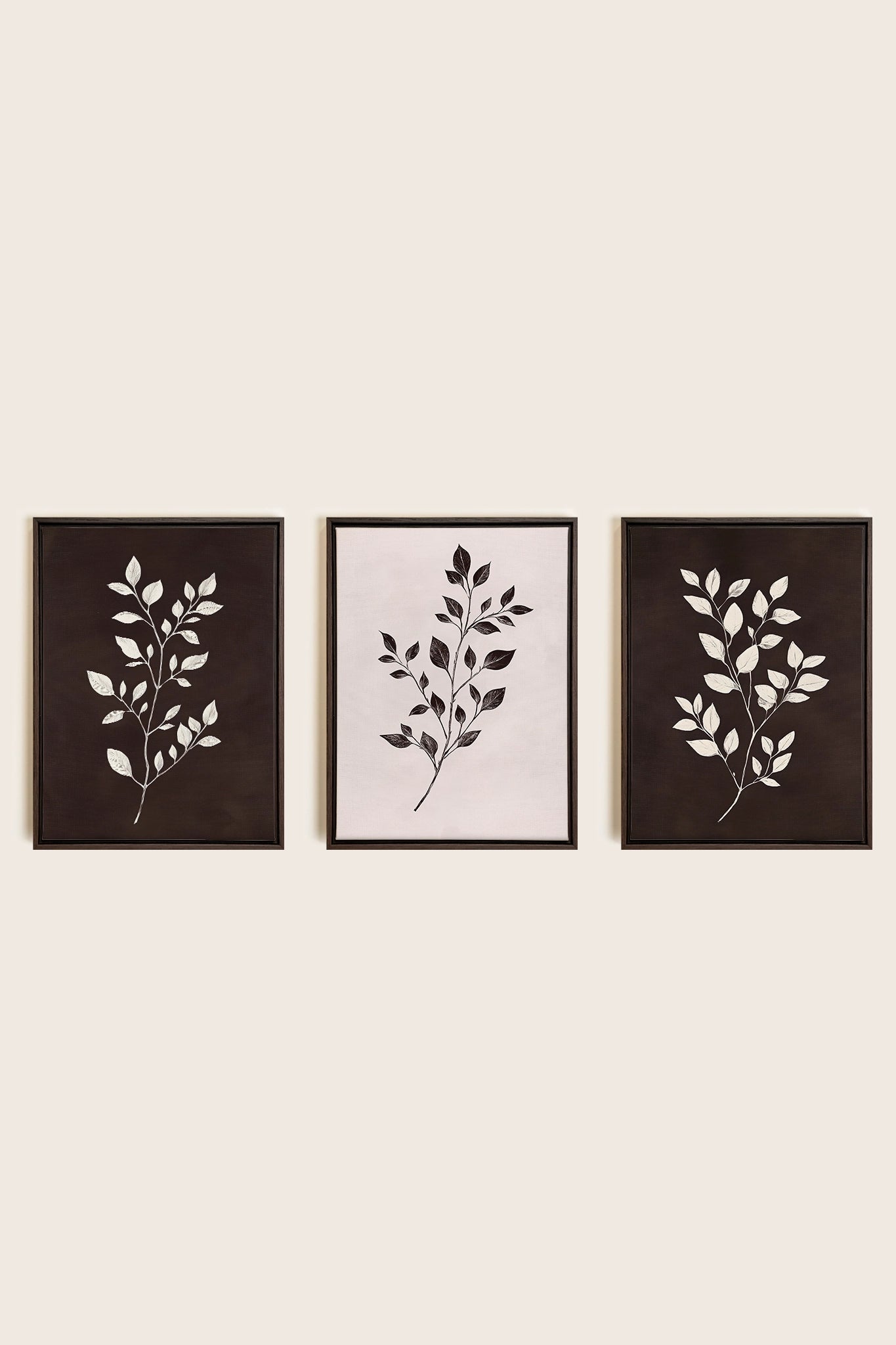 TRIO FEUILLAGE BRUN, 3 Artworks on stretched canvas, framed in Walnut Brown