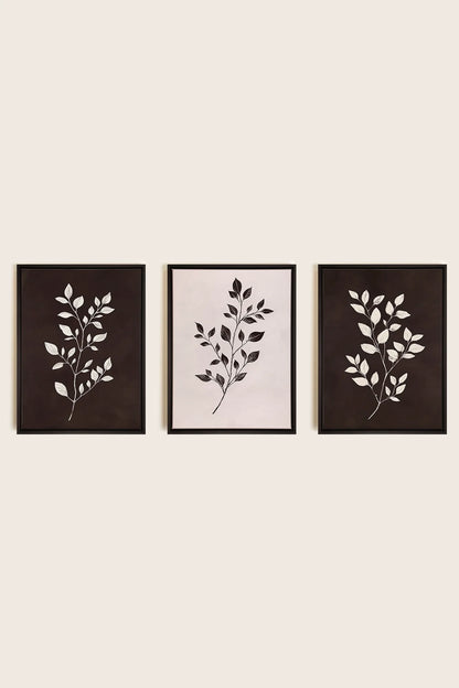 OLEKA CANVAS - TRIO FEUILLAGE BRUN, 3 Oeuvres sur toile étirée, encadré Noir