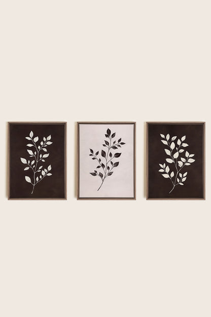 TRIO FEUILLAGE BRUN, 3 Oeuvres sur toile étirée, encadré Brun Chêne