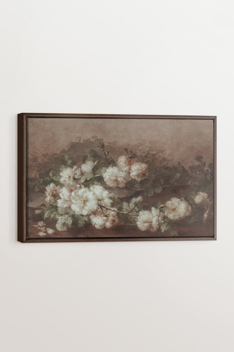 OLEKA CANVAS - WHITE PEONY, Oeuvre sur toile étirée, encadré Brun Noyer