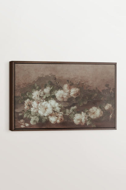 OLEKA CANVAS - WHITE PEONY, Oeuvre sur toile étirée, encadré Brun Noyer